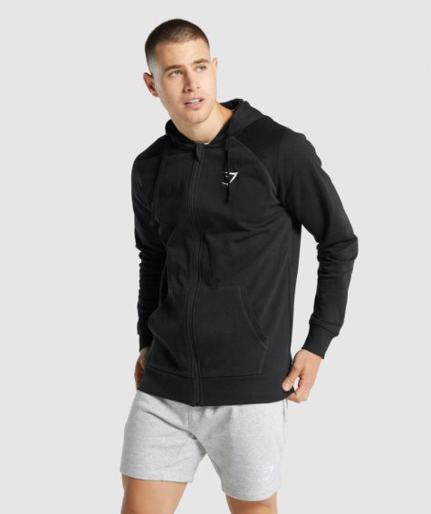 Men's Gymshark Crest Zip Up Hoodie Black | CA 5160D8